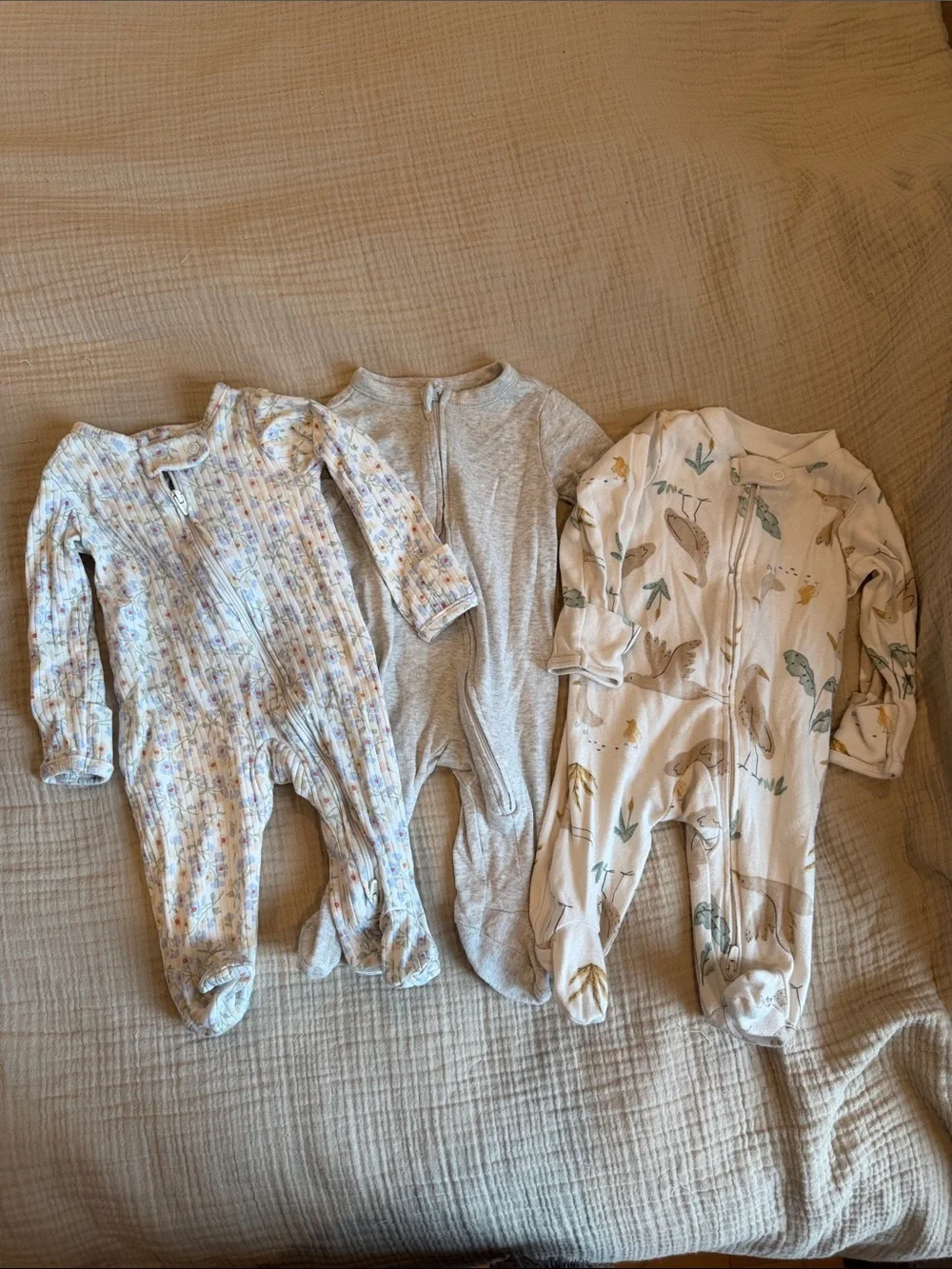Neutral & floral Baby One-Piece Footed Pajamas - 3-Pack